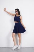 Sendy Kumaş Bisiklet Yaka Crop Şortlu Etek Ikili Takım - Lacivert resmi